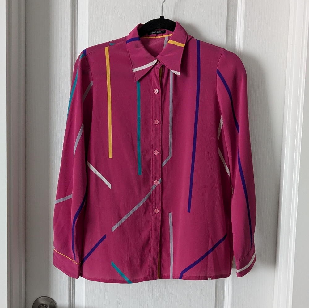 Vintage Jirow Aoyama 'Part One' Pink Retro Chiffon Shirt Small